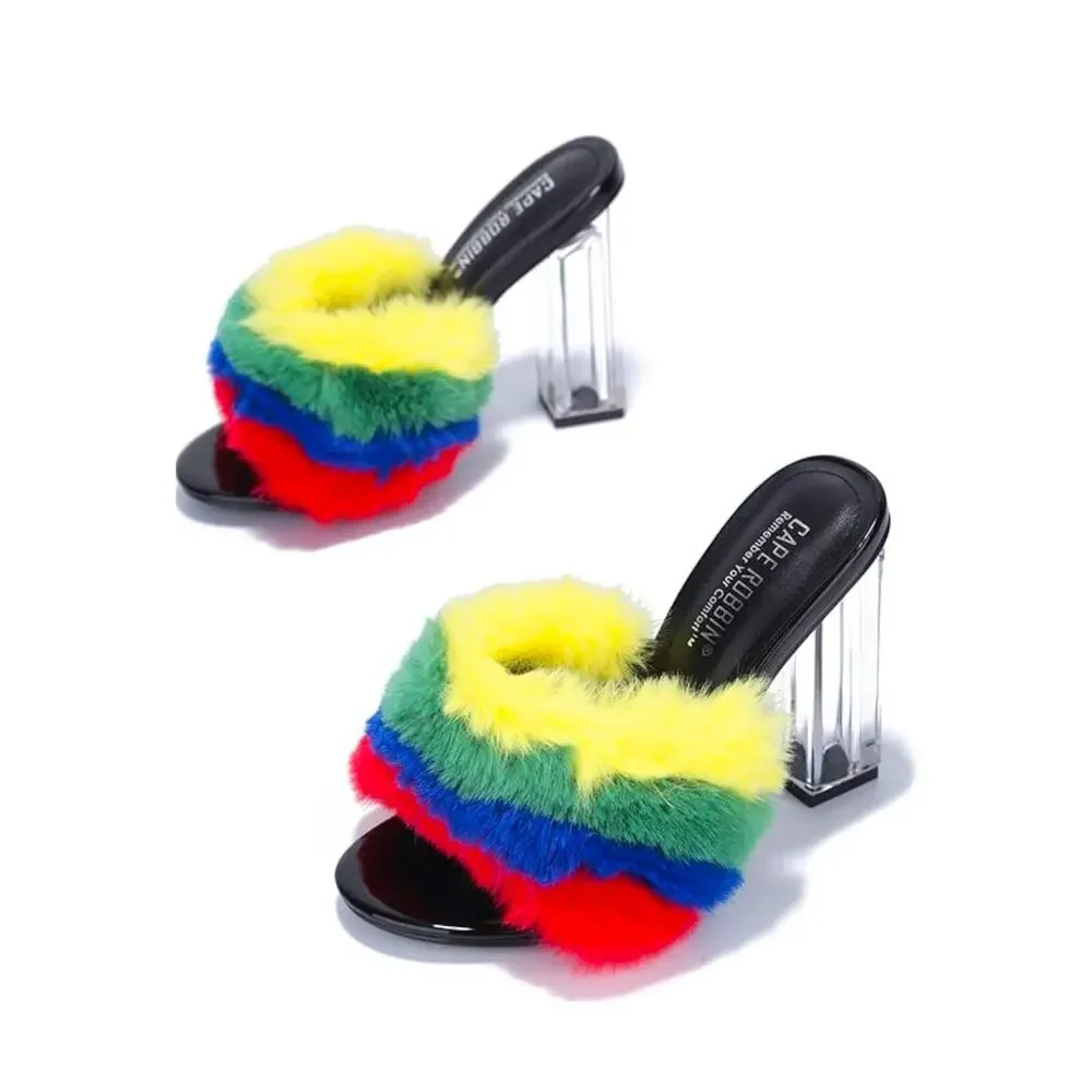 Cape Robbin Kurberry Fur Clear Round Toe Block High Heels, Rainbow, Size 9